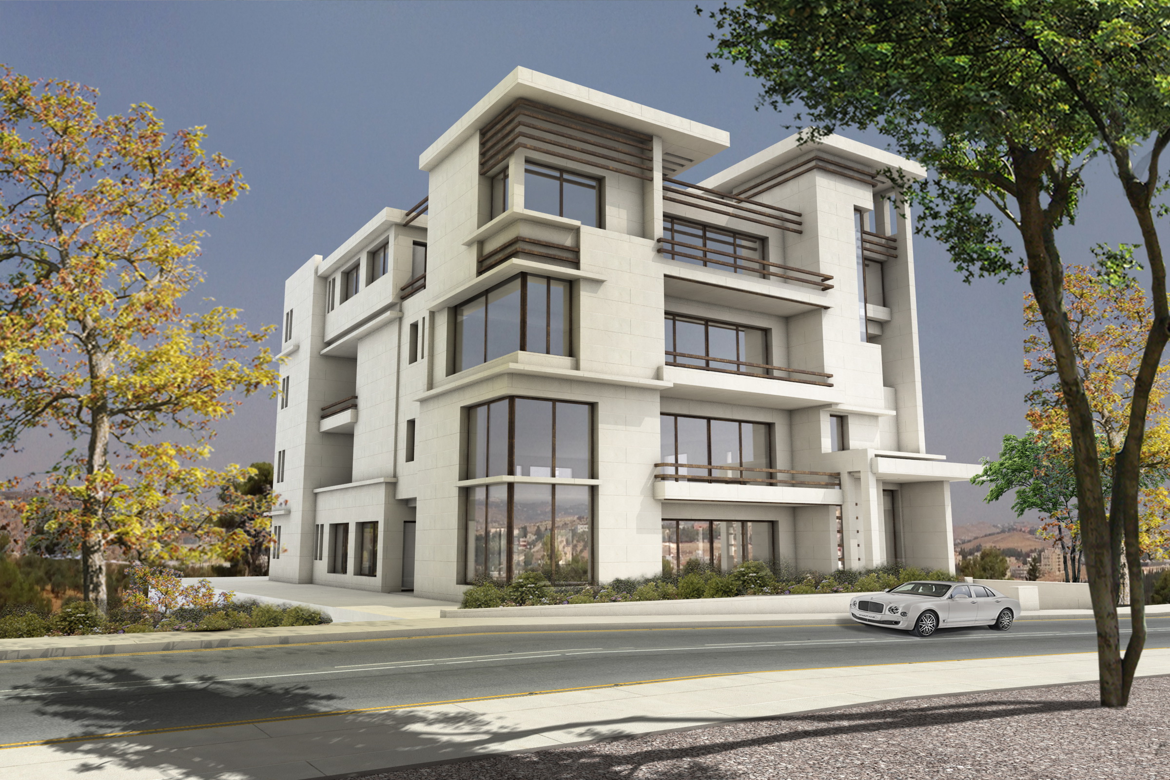 Contemporary Gammoh residence render with layered white volumes and tree-lined street frontage