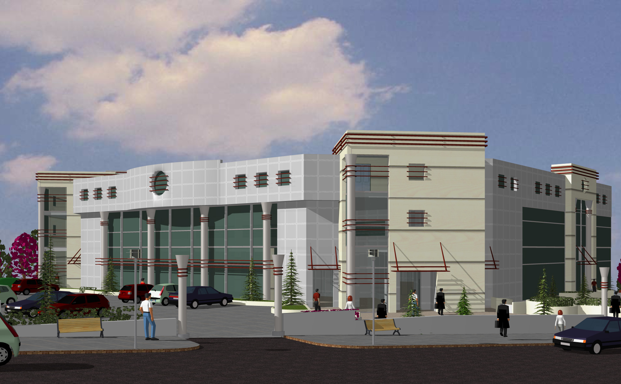 Montessori school render with a formal entrance canopy and institutional facade
